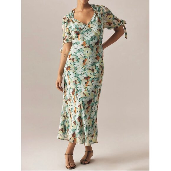 Anthropologie Short-Sleeve Floral V-Neck Slip Midi Dress Size 1X Green - Picture 1 of 7